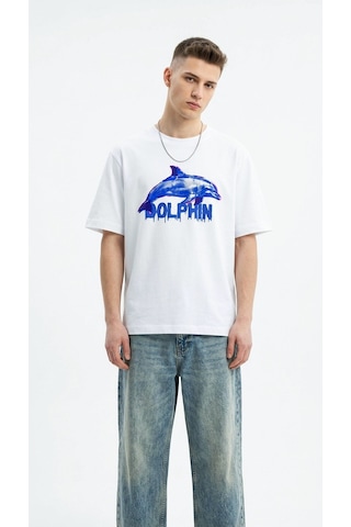 Erkek Beyaz Dolphin Baskılı Bisiklet Yaka Kısa Kollu Oversize Tişört