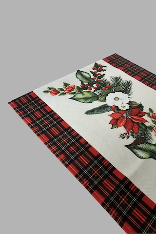 Masa Örtüsü Runner Yılbaşı Temalı Çiçek Desenli 140x40 Raşel Örme Kadife Dijital Baskı Çok Renkli