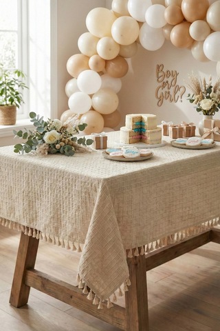 Organizasyon Monika Püsküllü Masa Örtüsü - Baby Shower, Doğum Günü, Nişan Bohem Vintage Buldan Örtü Bej