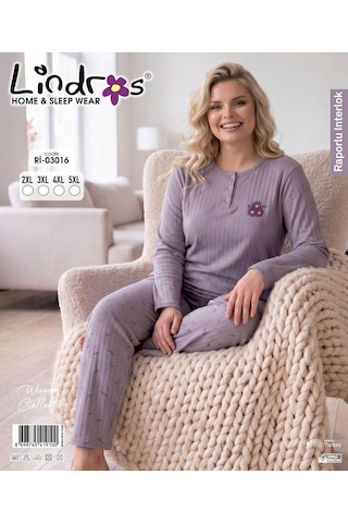 Boyraz Lindros Kadın Düğme Yaka Raporlu İnterlok Kışlık Battal Pijama Takımı 03016 - 1 Adet Lila
