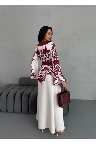 Wellway Atlas Kumaş Mendil Kol Çiçek Desenli Elbise Kemer Dahildir -bordo-2507 Bordo