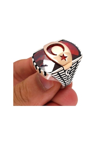 Kırmızı Zirkon Taşlı Ay Yıldızlı 925 Ayar Gümüş Erkek Yüzük