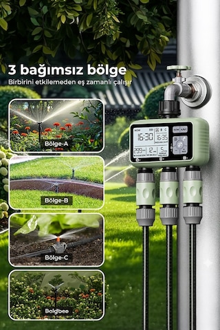 3 Çıkışlı Akıllı Bahçe Sulama Zamanlayıcısı Yağmur Geciktirme Ve Ip55 Su Geçirmez