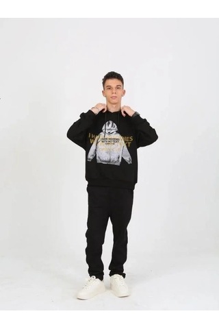 Erkek Çocuk Kapüşonlu Not Hoodies Yazılı Sweatshirt-15230 Siyah