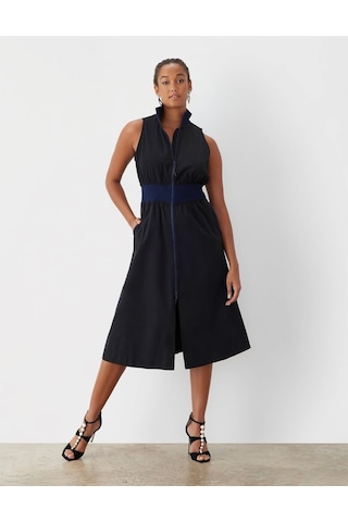 Kadın Dik Yaka Önü Fermuarlı Yırtmaçlı Baharlık Yazlık Beli Lastikli Şık Ceket Elbise Siyah