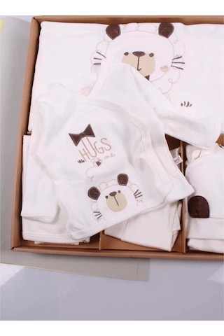 Ayıcık Desenli 10 Parça Kutulu %100 Pamuk Erkek Bebek Hastane Çıkışı Kahverengi