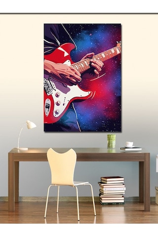 Kanvas Tablo Kırmızı Gitar Ve Kozmik Arka Plan 70cmx100cm