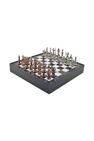 Gifthome Metal Mısır Satranç Takımı Antik Ve Mermer Desenli Mdf Sandıklı Satranç Tahtası 36x36x6 Cm.