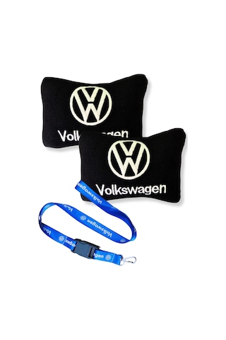 Volkswagen Nakış İşlemeli Siyah Polar Araç Koltuk Boyun Destek Yastığı & Mavi Oto Ayna Askısı