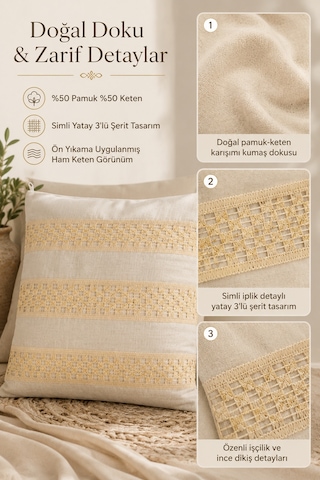 4'lü Naturel Keten Püsküllü Kırlent Kılıfı Seti Bohem Rustik Vintage Salon Dekoru Dekoratif 4 Adet K Bej