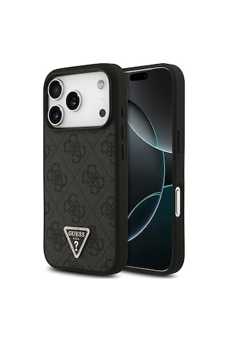 Apple iPhone Uyumlu 18 Pro Kılıf Guess Lisanslı M-safeli Pu Deri Taşlı Üçgen Logo 4g Desenli Strass Kapak Siyah