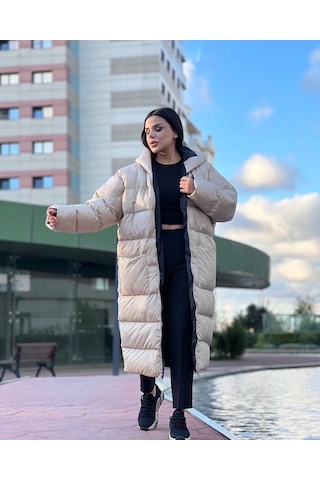 Oversize Uzun Şişme Mont Krem