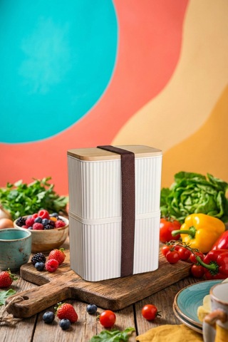 Makri Home Bambu Kapaklı 2 Katlı Saklama Kabı Seti - 2x1 Litre Krem