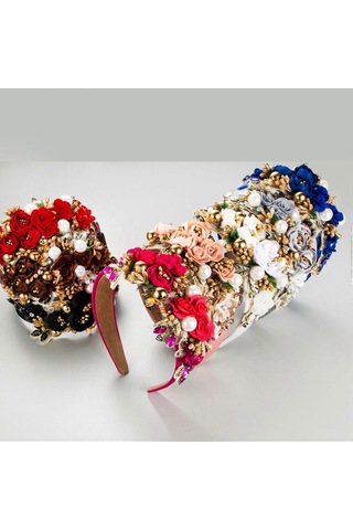 Kadın Baş Bandı Sahte Çiçek Sahte İnci Parlak Yapay Elmas Dekor Geniş Vintage Lüks Kaymaz Renkliyeşil Çok Renkli