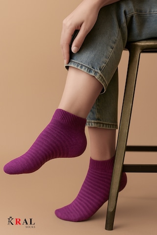 Kral Socks Kadın Patik Çizgili Kabartma Ters Havlu Penye 6 Çift Karışık Renk Kısa Çorap ASORTİ