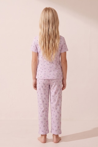 Siyah İnci Pamuklu Fitilli Kaşkorse Örme Pijama Takım 26120402 Lila Kedi