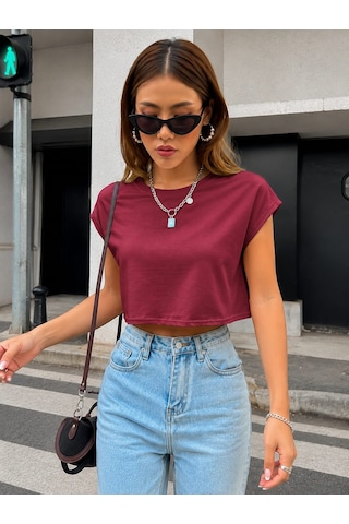 Bonnywıll Bonnywılll Bisiklet Yaka Düşük Kol Crop T-shırt Kırmızı