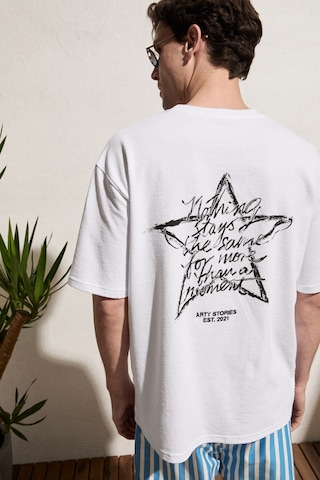 Grimelange Calıdo Erkek Organik Pamuklu Baskı Ve Nakışlı Bisiklet Yaka Oversıze Beyaz T-shirt Beyaz