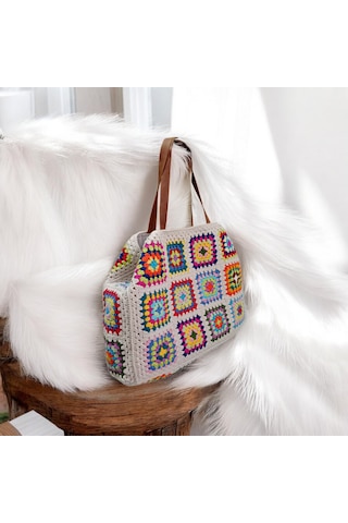 Embahandmde Renkli El Örgüsü Xl Plaj Çantası Astarlı Büyük Boho Tote Bag Yazlık Kadın Omuz Çantası Açık Bej