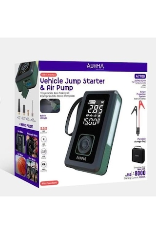 Auhma A7700 4'ü 1 Arada Akü Takviye, Şarjlı Hava Pompası, Powerbank Ve Dijital Fener
