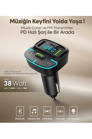 Araç Müzik Çalar Fm Transmitter F9 Bluetooth Araç Kiti Usb Type-c Hızlı Şarj Çıkışlı Çakmaklık Şarj