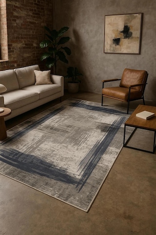 Gri Zemin Mavi Çerçeve Modern Halı Dekoratif Kilim Gri