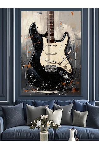 Duvara Yaslı Elektro Gitar Dekoratif Kanvas - Mdf Ahşap Tablo