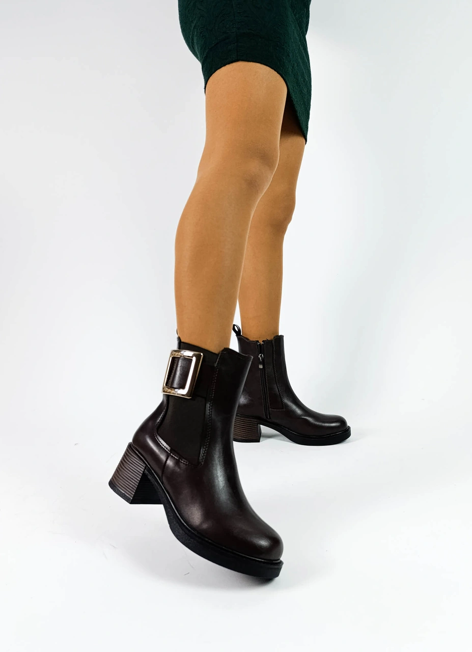 Kahve Cilt Tokalı Lastikli Yandan Fermuarlı Kadın Kalın Topuklu Bot Kahve