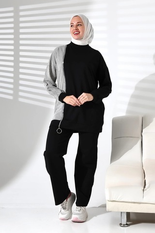 Kadın Mevsimlik Alt Ve Üst Rahat Siyah Spor Tesettür Takım Siyah