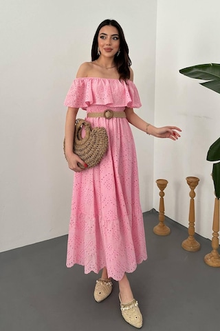 Duygudan Pembe Madonna Yaka Fisto Elbise - Pembe Çok Renkli