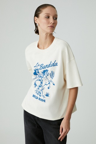 Grımelange Berrıe Kadın Regular Baskılı Yuvarlak Yaka Ekru T-shirt Ekru