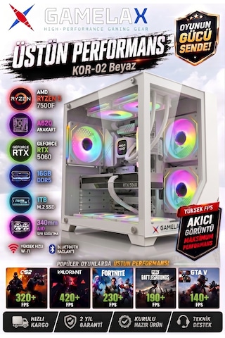 Gamelax Kor-02 Beyaz Amd Ryzen5 7500f Rtx5060 8gb 16gb Ddr5 Ram 1tb M.2 Ssd 240mm Sıvı Soğutma Wi-fi