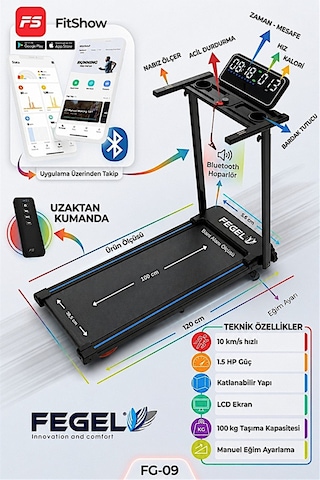 FG-09 Koşu Bandı Bluetooth Hoparlör Uygulama Adımsayar Program Eğim Nabız Katlanabilir Uzaktan Kumanda 10km Hız Kompakt Tasarım