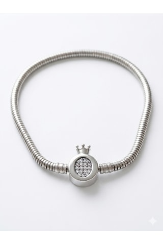 Kadın Charm İçin Uygun Taşlı Taç Model Çelik Bileklik19 Cm Silver