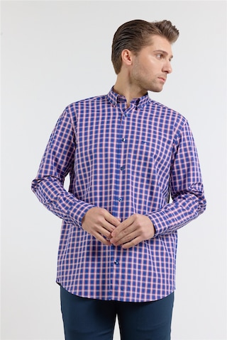 İmza Lacivert - Kırmızı Düğmeli Yaka Uzun Kol Cepli Comfort Fit Pamuk Gömlek 1004260177 2XL