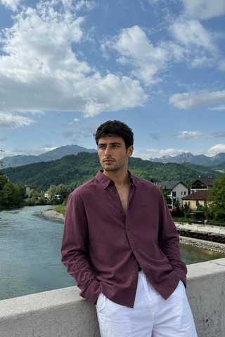 Respire Erkek Minimal Baskılı Oversize Dokulu Gömlek 2'li Set Mürdüm-bebe Mavi