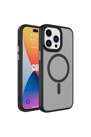 Apple Uyumlu iPhone 15 Pro Max Kılıf Mat Arka Yüzey Wireless Şarj Özellikli Zore Flet M-safe Kapak Siyah