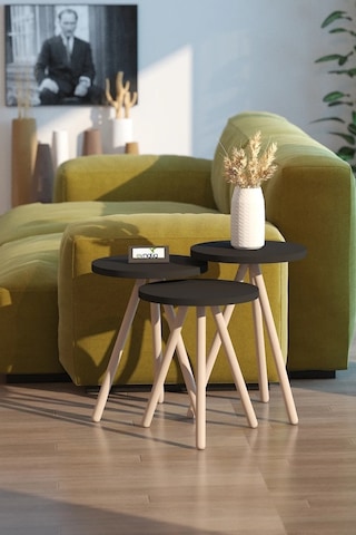 3'lü Zigon Sehpa Seti Saksılık Ve Çiçeklik Standı, Dekoratif Yan Sehpa Ahşap Ayaklı 33 Cm Çap - Siyah Siyah
