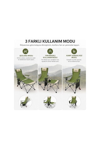 2 Adet Şezlong Kamp Sandalyesi Ve Masa Seti - Plaj Seti - Lounge Elevate - Haki Çok Renkli