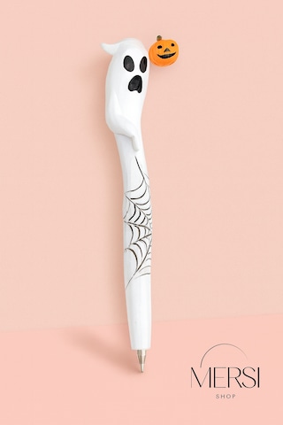 Halloween Hayalet Tükenmez Kalem Balkabağı Ve Örümcek Ağı Desenli Dekoratif Kalem 16cm Beyaz