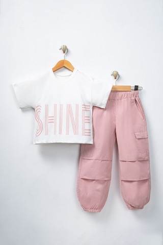 Aden Kids Somon Renk Oversize Kız Çocuk Pamuk Keten Pantalonlu Alt Üst Takım Ekru - Somon