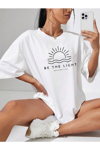 Be The Lıght Kadın Renkli Özel Baskılı Oversize Süprem Bisiklet Yaka T-shirt Beyaz