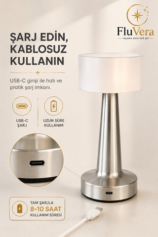 Şarjlı Gümüş Led Masa Lambası Kablosuz Dokunmatik Gece Lambası Usb-c Portatif Metal Gövdeli Gümüş