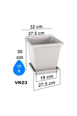 Tr Villa Kare İç Ve Dış Mekan Tabaklı Saksı No:3-17 Litre Kırık Beyaz Diğer