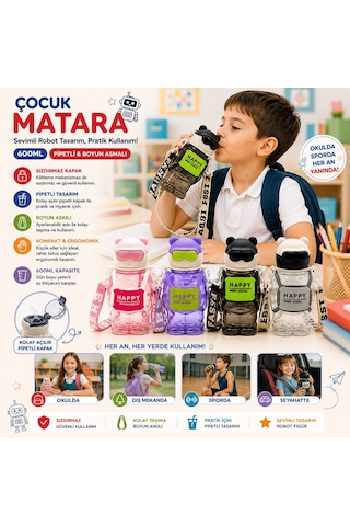 Yakut-14017 Çocuk Matara 600ml Suluk Renkli Plastik Pipetli Robot Figür Boyun Asmalı Diğer