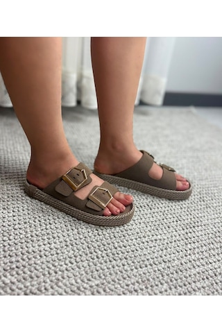 Asmi Shoes Kadın Eleni Vizon Süet Çift Tokalı Rahat Taban Terlik