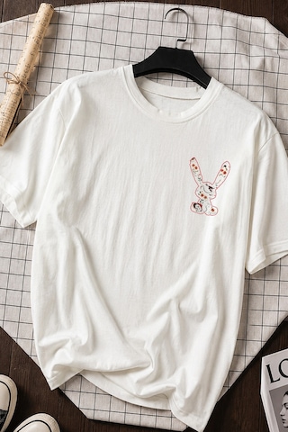 Spoyi Vintage Bunny Tasarımlı %100 Pamuk Yarım Oversize Beyaz T-lhirt
