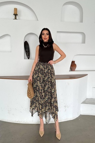Alemdarshop Lacivert Desenli Şifon Dilimli Etek