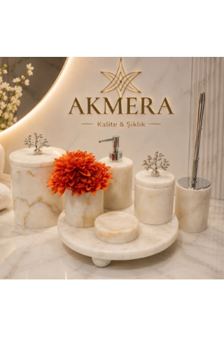 Sarı Tonlu Mermer Top Ayaklı Gerçek Mermer 7 Parça Ultra Lüks Banyo Seti Beyaz - Gümüş