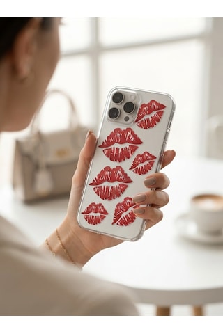 Hepsi Apple İphone Uyumlu 15 Pro Max Kırmızı Dudak / Öpücük Desenli Şeffaf Telefon Kılıfı Najmaddin Çok Renkli
